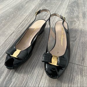 Vintage Ferragamo Black Peep Toe Slingback Pumps, US Size 7.5
